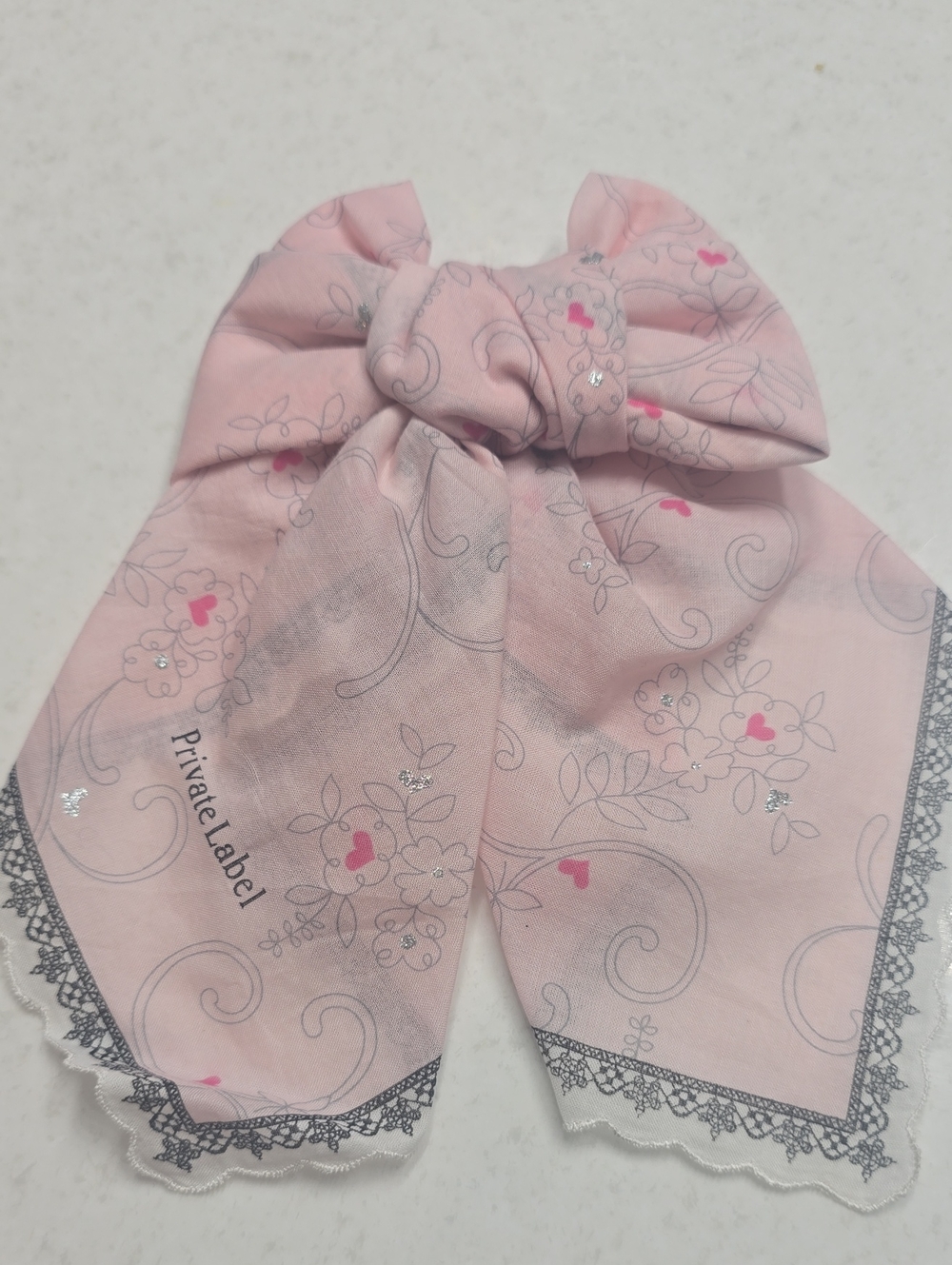 Private Label Pink Floral Bow Scarf with Heart Accents